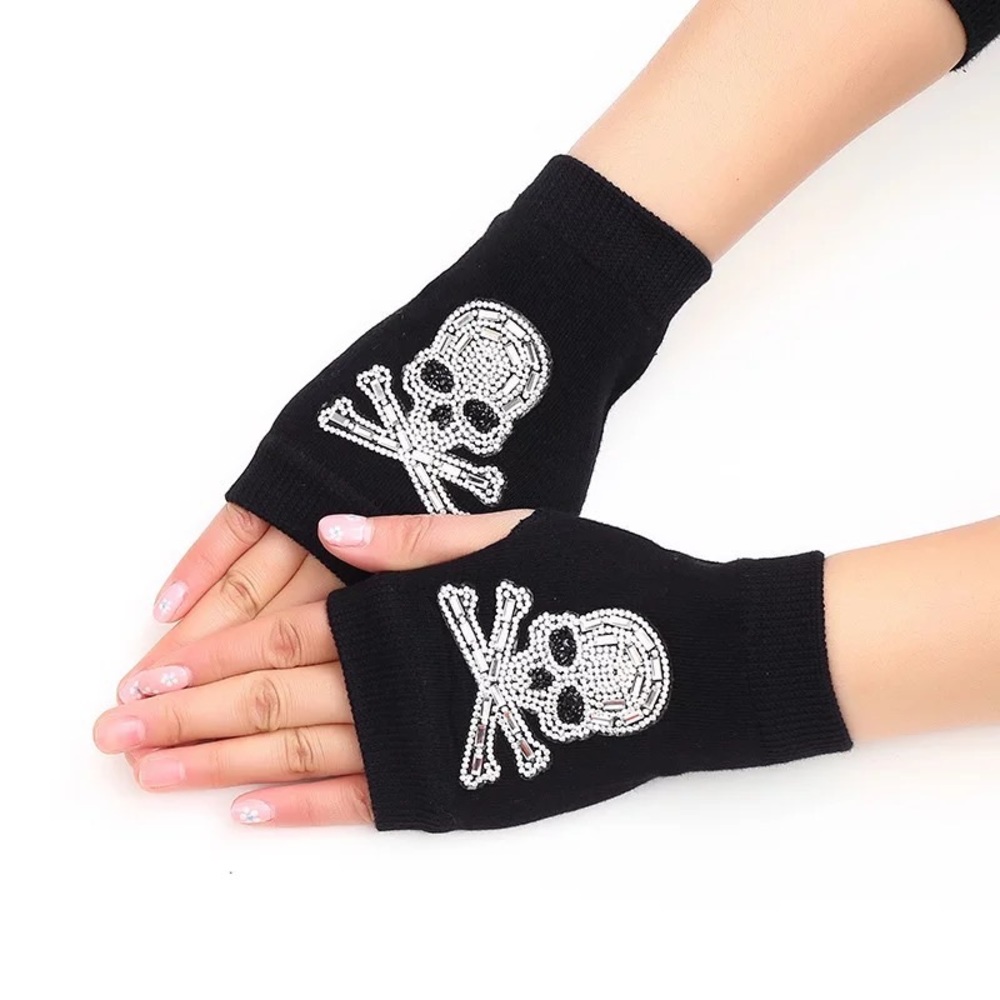 Crystal Skull Crossbones Fingerless Gloves